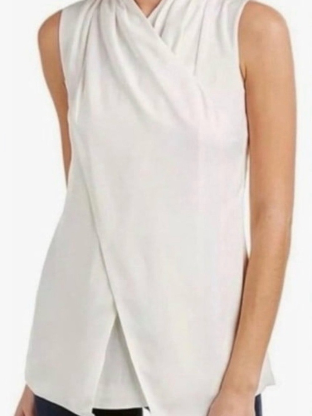 CAbi 3259 Sleeveless Draped Faux Wrap Top with High Neck in Ivory Size 8